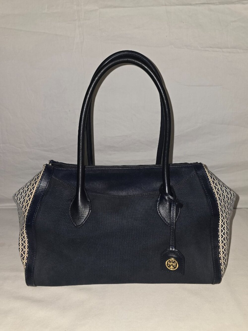 Tory Burch Savannah Print Dark Navy Blue Canvas & Leather Shoulder Tote Bag